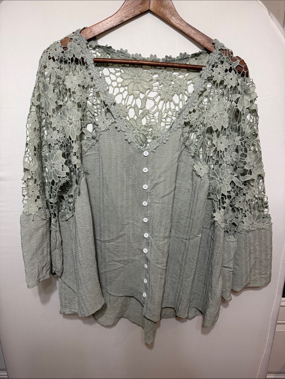 Lace-Inset Button Front Women's Top in Sage Green